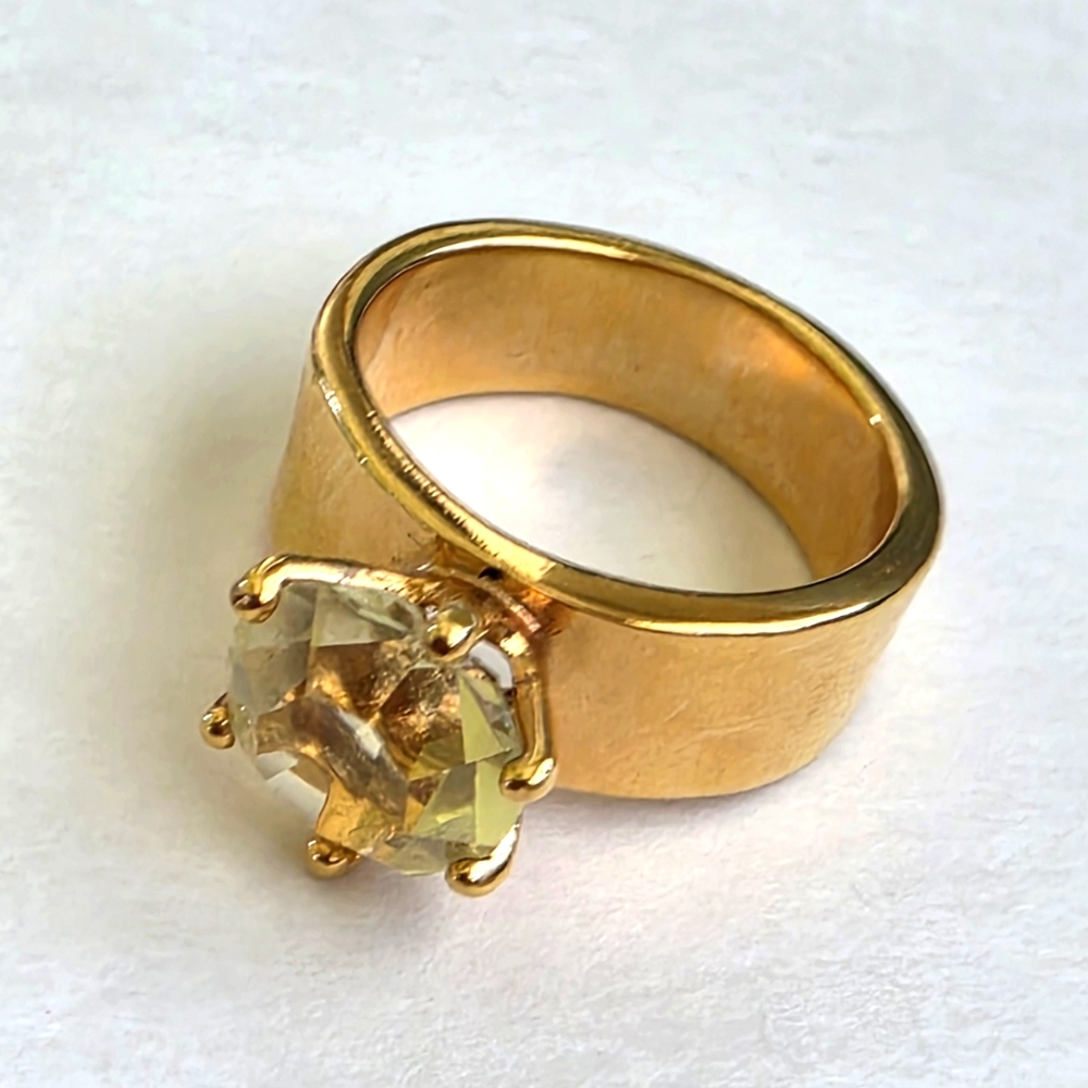 Beautiful Solitaire Topaz Gold Tone Wide Band Ring